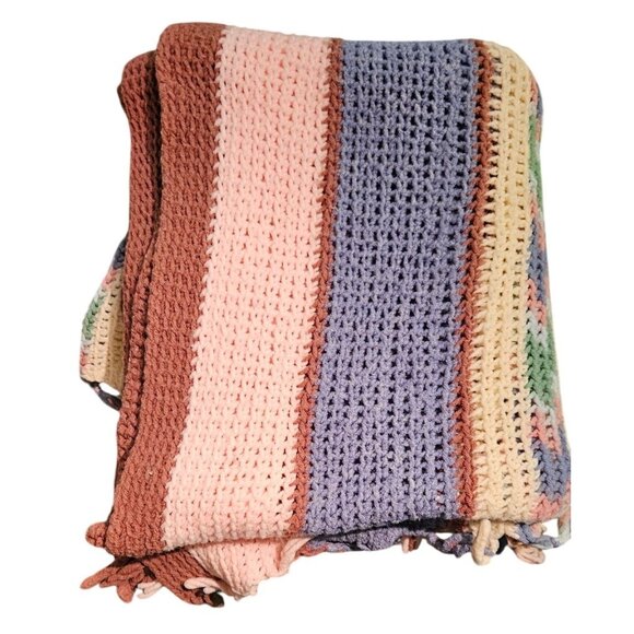 Handmade Multicolor Crocheted Blanket 72" X 78" Boho Style With Fringe - Picture 2 of 9
